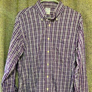 Brooks Brothers Mens Non-Iron Medium Purple Plaid Long Sleeve Shirt 100% Supima